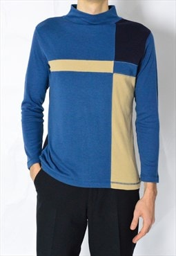 Vintage 90s Blue Beige Colour Block Mock Neck Top