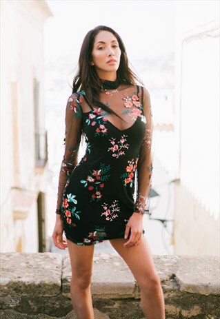LOVE EMBROIDERED BODYCON MESH DRESS