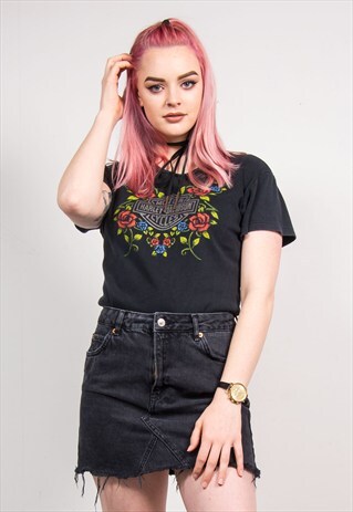 90'S VINTAGE V-NECK ROSE HARLEY DAVIDSON CROP T-SHIRT