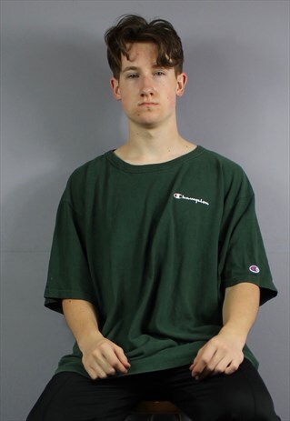 VINTAGE CHAMPION T-SHIRT IN FOREST GREEN WITH PRINTED AND EM