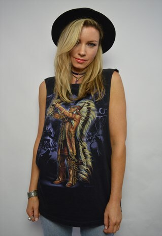 VINTAGE 90S OVERSIZED BLACK ETHNIC SLEEVELESS T-SHIRT TEE