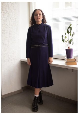VINTAGE 80'S PURPLE MIDI LONG SLEEVED HIGH COLLAR DRESS