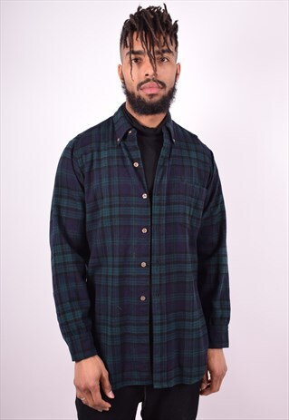 MENS VINTAGE SHIRT SMALL NAVY BLUE CHECK 90'S