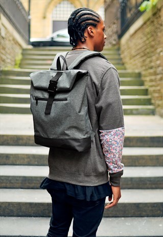 GREY MARL ROLL TOP LAPTOP BACKPACK