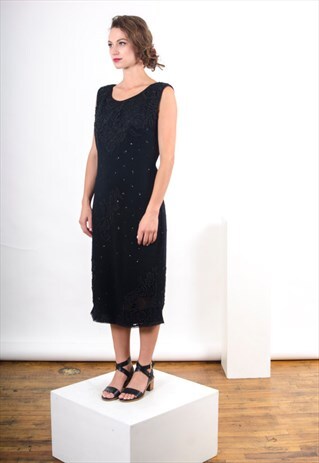 ELEGANT LACED DRESS / BLACK BEADED DRESS / WOOL LONG DRESS
