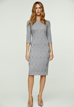 3/4 Sleeve Grey Jacquard Fitted Dress