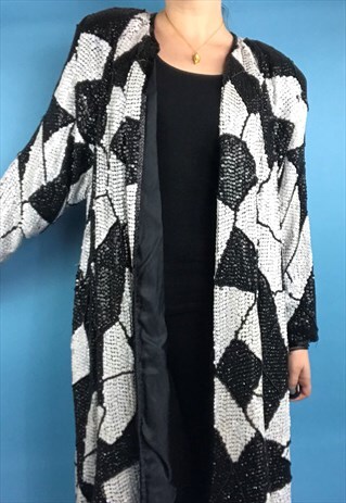 VINTAGE BLACK WHITE SILK SEQUIN SWING EMBELLISHED JACKET
