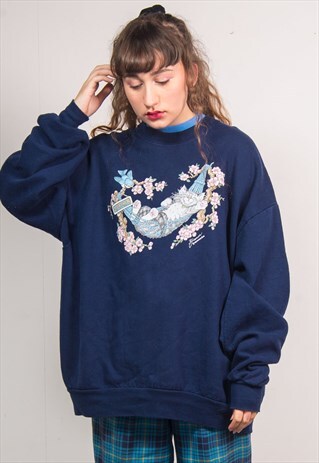 VINTAGE 90'S NAVY BLUE CUTE CAT PRINT SWEATSHIRT