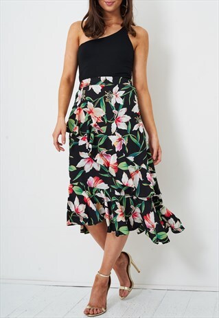 BELLE FLORAL FRILL-HEM ASYMMETRIC MIDI SKIRT