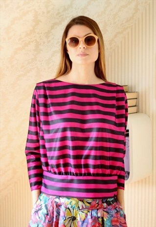 PINK AND BLACK STRIPE BATWING TOP