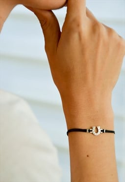 Silver Horseshoe bracelet black cord gift for her yoga