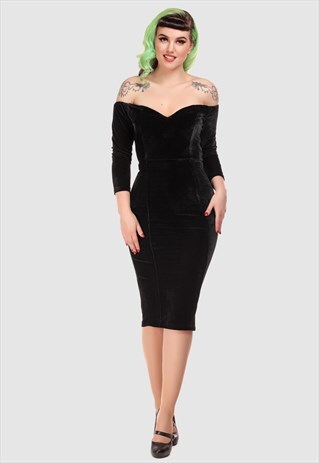 ANJELICA EVENING PENCIL DRESS OFF THE SHOULDER BLACK VELVET
