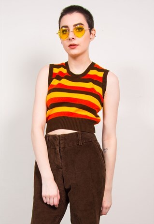 70'S ORANGE & BROWN STRIPED KNIT RIBBED VEST TANK TOP