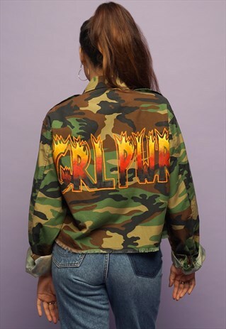 GIRL POWER FLAME SLOGAN CROPPED ARMY JACKET