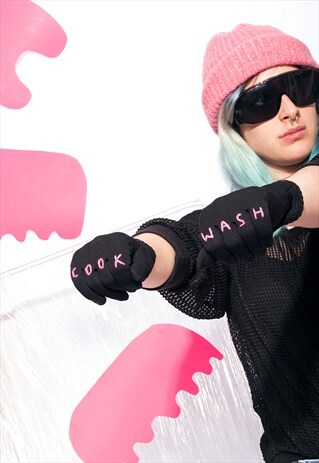 REWORKED VINTAGE BLACK GLOVES W FEMINIST EMBROIDERY