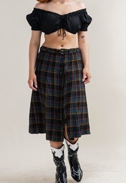 Vintage 80s High Waisted Checkered Button Up Front Skirt S