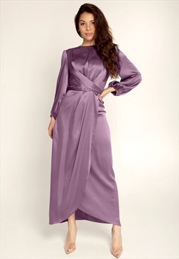 Purple Tie Front Wrap Puff Sleeve Abaya Maxi Dress