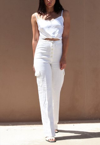 CREAM WHITE PURE SOFT LINEN STRAIGHT HIGH WAIST CARGO PANTS