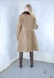 VINTAGE 80'S LONG SUEDE SHEARLING TRENCH COAT IN LIGHT CREAM
