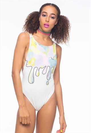 WHITE EXTREME LOW BACK ONE PIECE W/ PASTEL DRIP PRINT