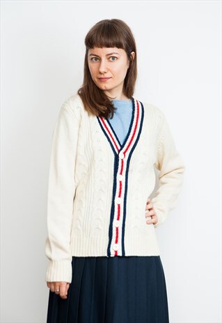 VINTAGE 70'S COLLEGE PREPPY STYLE CREAM CARDIGAN