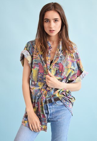 90'S RETRO NOVELTY PRINT OVERSIZED DADS BLOUSE TOP
