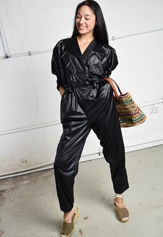 VINTAGE 80S BEADED WET LOOK OVERALL JUMPSUIT IN BLACK