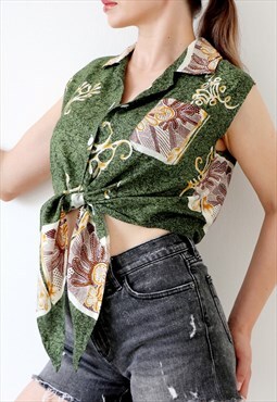 Sleeveless Patterned 90s Shirt Tie Up Vintage Crop Top Multi