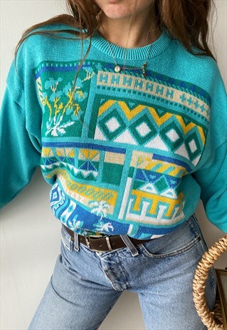 VINTAGE 80S HAUTE BOHEME ABSTRACT KNIT JUMPER SWEATER