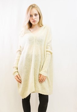 Oversized Knitted Jumper Dress with Hood in Cream
