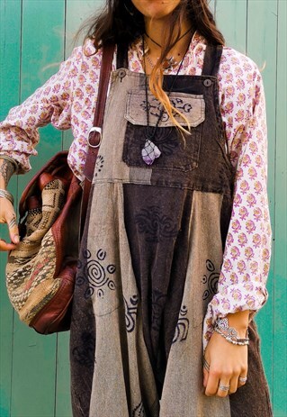 FAIRTRADE BROWN & GREY HIPPIE OVERALLS DUNGAREES