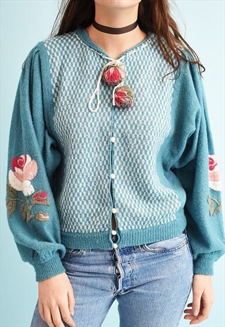 80'S RETRO EMBROIDERED POM POM SLOUCHY MOMS KNIT CARDIGAN