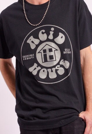 ACID HOUSE GLOW IN THE DARK 90S RAVE FLYER T-SHIRT BLACK
