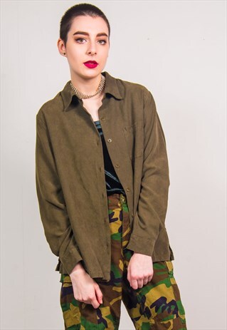 VINTAGE 90'S GREEN GRUNGE FAUX SUEDE LONG SLEEVE SHIRT