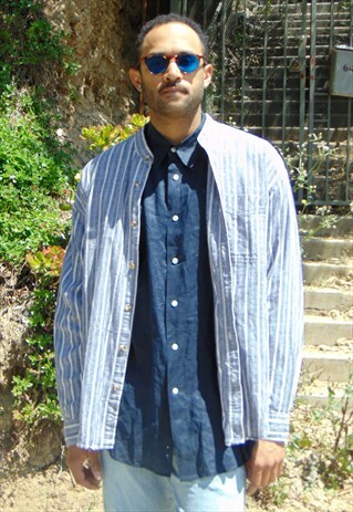 90S VERTICAL STRIPE LINEN BLEND ROUND COLLAR SHIRT XL