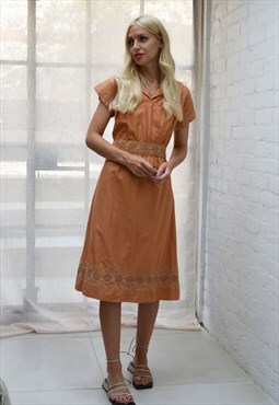 Vintage 1970s Earth Orange Summer Cotton Midi Dress