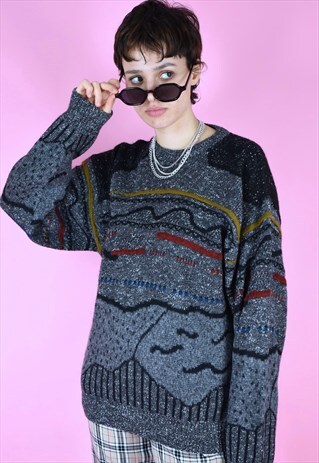 VINTAGE 90S KNIT JUMPER GRAPHIC PATTERN GREY RED YELLOW