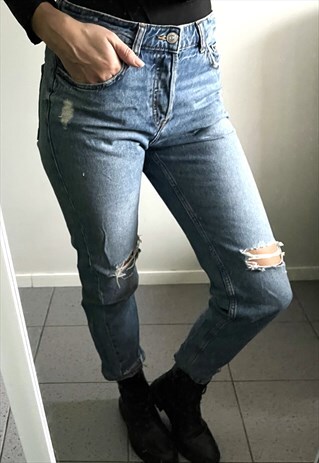 Ripped Crop Blue Jeans With High Rise