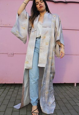 Pale Grey Metallic Print Full Length Kimono