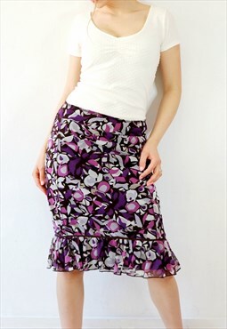 Y2k Mesh Skirt Purple Floral Vintage Midi Skirt Frill Hem