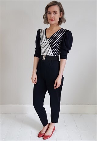 VINTAGE 80'S BLACK AND WHITE RUFFLE SLEEVE JERSEY JUMPSUIT