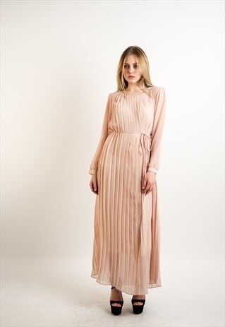 LONG SLEEVES PLEATED MAXI DRESS (NUDE)