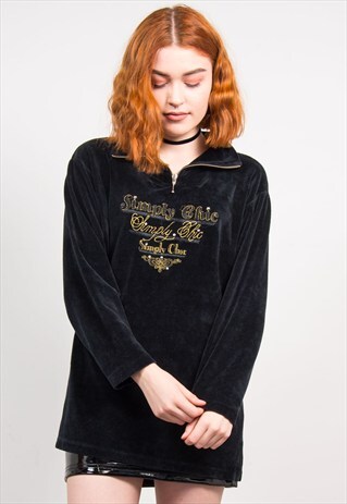 VINTAGE 90'S BLACK VELVET SIMPLY CHIC ZIP TOP JUMPER