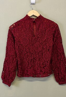 Vintage Y2K Lace Top Burgundy Long Sleeved With Patterns 