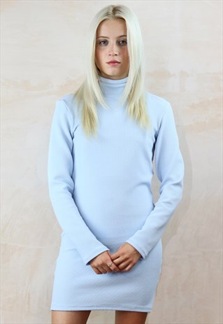 BABY BLUE TEXTURED LONG SLEEVE TURTLENECK DRESS