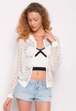 WHITE LACE FLORAL PATTERN DAY WEAR JACKET CARDIGAN