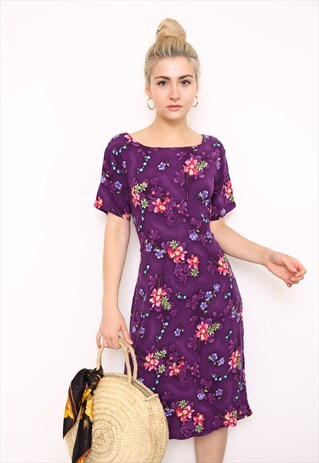 VINTAGE 90S PURPLE FLORAL MIDI DRESS