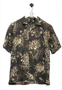Vintage Izod Hawaiian Shirt Tropical Leaves Pattern Grey/Kha