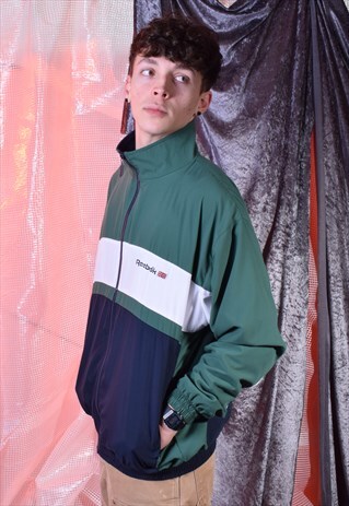 VINTAGE REEBOK NAVY, WHITE AND GREEN TRACK JACKET