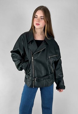 80's Vintage Oversized Black Leather Biker Jacket